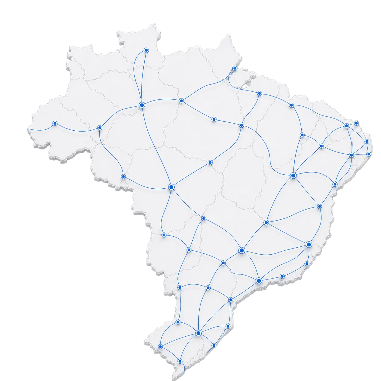Mapa do Brasil com rotas de atendimento nacional